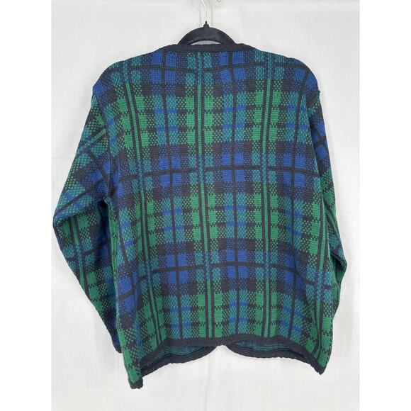 90s Vintage Cardigan Sweater Womens Large Blue Tartan Plaid Green Gold Buttons - Picture 3 of 9